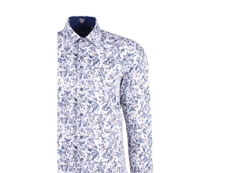 Chemise blanche imprimée détails bleu marine coupe